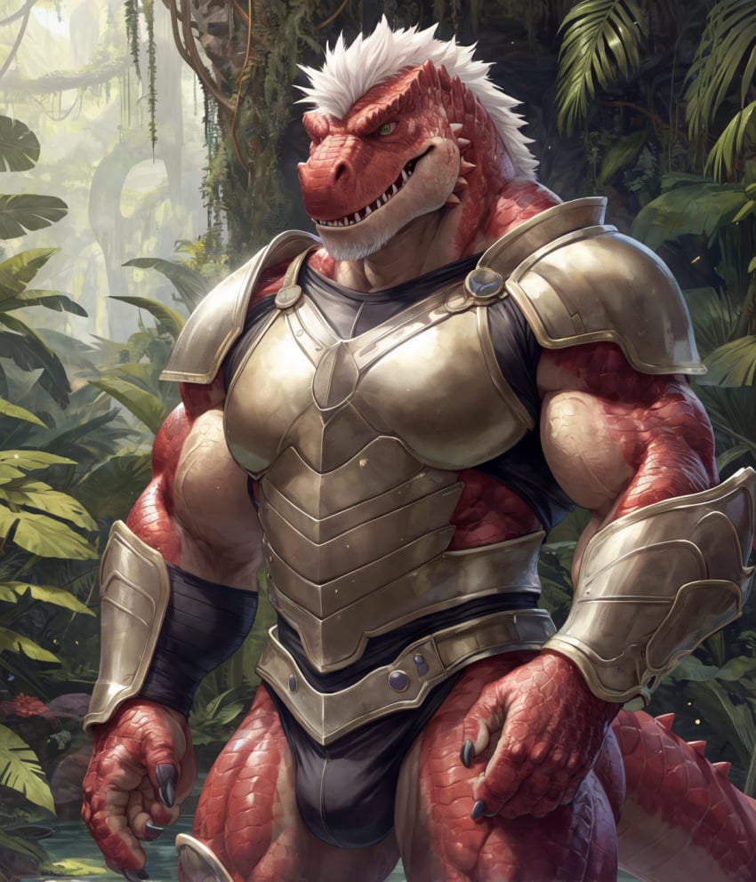 1boy ai_generated anthro armor blue_eyes claws clothing dragon hair jungle kuranoidss male male_only muscular muscular_male open_mouth red_body red_scales reptile_boy solo teeth white_hair