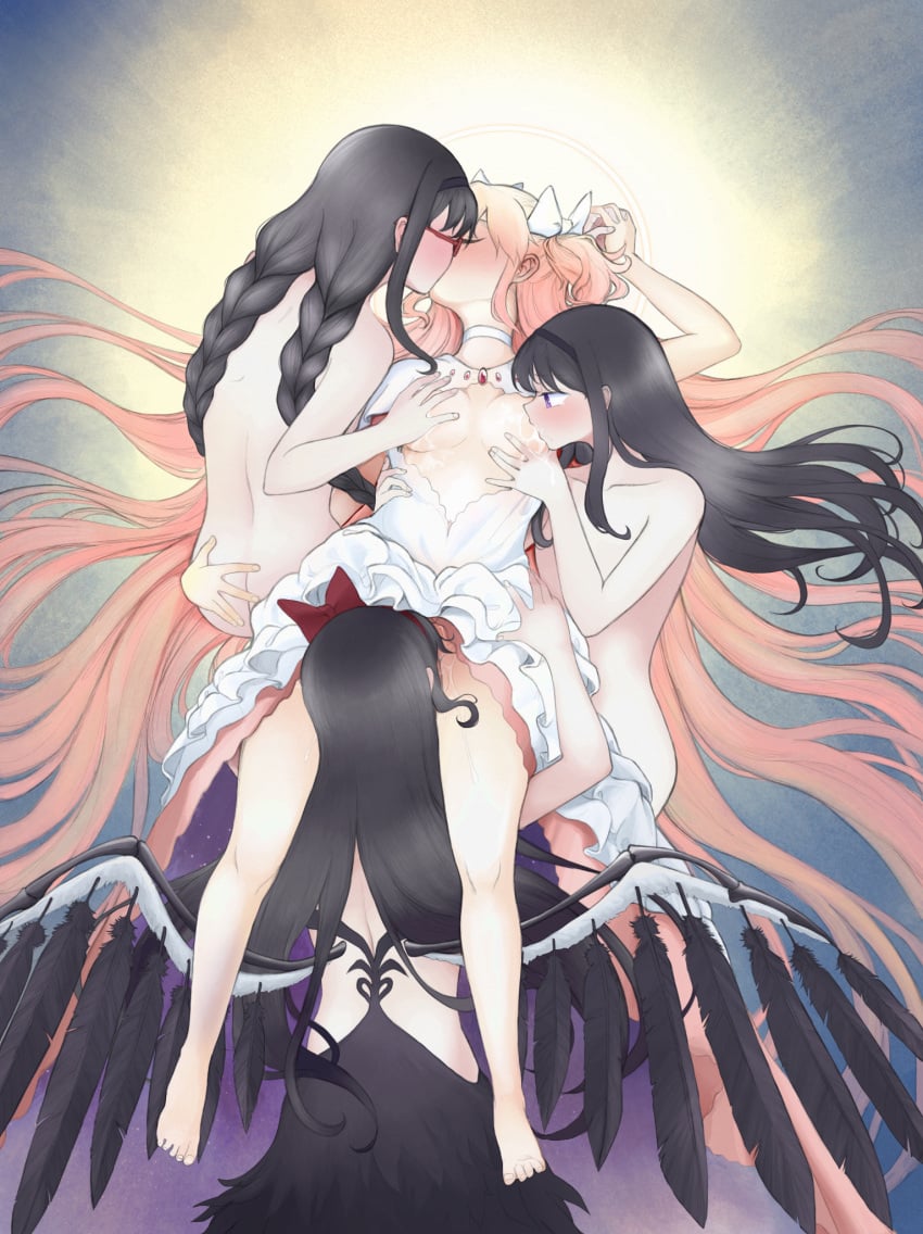 4girls absurdly_long_hair akemi_homura akuma_homura barefoot between_legs black_dress black_hair black_hairband bluecloud bow braid breast_sucking breasts breasts_out choker closed_eyes commentary completely_nude cunnilingus dress english_commentary feathered_wings female_only glass grabbing_another's_breast groping group_sex hairband hairbow hand_on_another's_ass highres holding_hands interlocked_fingers kaname_madoka kissing long_hair mahou_shoujo_madoka_magica mahou_shoujo_madoka_magica_(anime) medium_breasts multiple_girls multiple_persona nude oral pink_hair purple_eyes pussy_juice red-framed_eyewear red_bow saliva the_cursed_woman twin_braids ultimate_madoka very_long_hair white_choker white_dress wings yuri