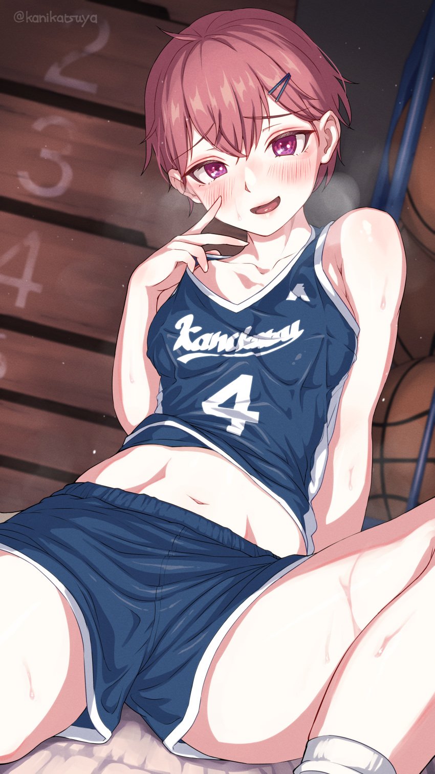 absurdres basketball basketball_(object) basketball_uniform blue_shirt blue_shorts blush clothes_pull collarbone covered_erect_nipples female gym_storeroom hair_ornament highres kanikatsuya midriff navel open_mouth pink_eyes red_hair shirt_pull short_hair sitting_on_floor smile socks solo sportswear sweat tongue wet_shirt