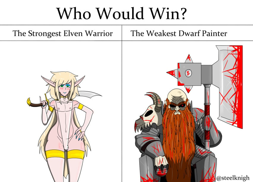 armor axe blonde_hair blue_eyeshadow blue_lipstick blue_nails dwarf elf elf_ears elf_male femboy gold_hair green_eyes leotard long_beard long_hair meme orange_hair red_eyes steelknigh sword trap watermark