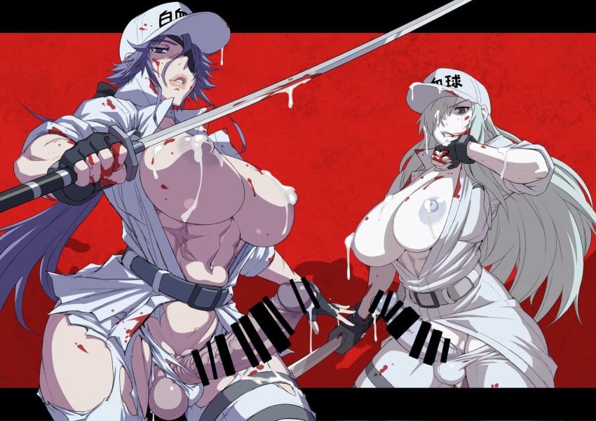 2futas bar_censor big_breasts big_penis breasts censored character_request clothed clothing erection eyepatch fingerless_gloves futa_only futanari gloves hataraku_saibou highres holding holding_sword holding_weapon huge_balls humanoid humanoid_penis large_breasts mikoyan mostly_clothed mostly_nude multiple_girls nipples open_clothes penis scar standing sword testicles torn_clothes u-1196 weapon