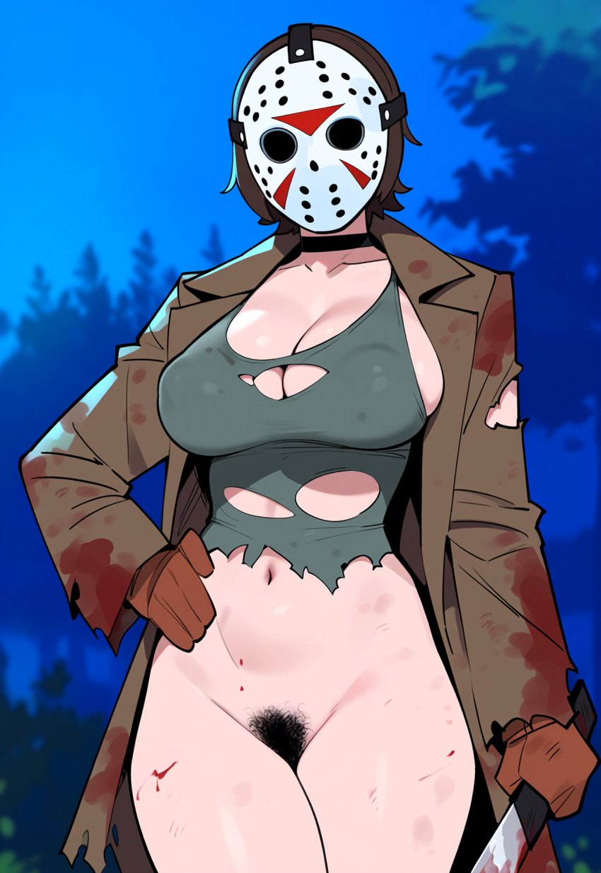 1girl 1girls ai_generated blood blood_stain blurry_background breasts brown_hair choker crop_top dirty_clothing faceless faceless_female female_only forest friday_the_13th genderbend genderswap genderswap_(mtf) gloves hockey_mask holding_weapon horror jacket jagat_ai jason_voorhees kanye_west knife large_breasts light-skinned_female mask masked masked_female night nipples_visible_through_clothing pubic_hair short_hair solo solo_female solo_focus standing torn_clothes torn_clothing torn_shirt weapon