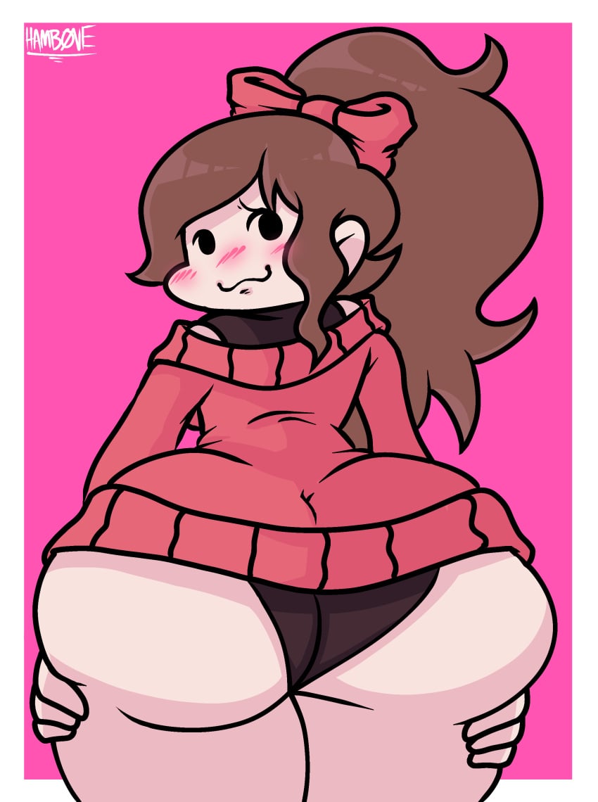 2d_(artwork) artist_signature ass ass_bigger_than_head ass_bigger_than_torso ass_focus blush blush blush_lines cute cute_face fat_ass friday_night_funkin friday_night_funkin_mod friday_night_funkin_soft hamb0ne hands_on_thighs hips soft_gf sweater text thighs