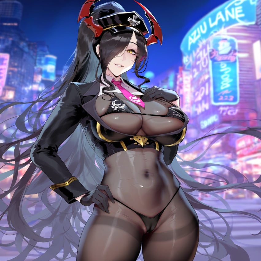 1girls absurd_res ai_generated aroused azur_lane bikini black_bikini black_gloves body_stocking cameltoe city city_background detached_collar fate/grand_order fate_(series) friedrich_der_grosse_(azur_lane) hand_on_chest hand_on_hip jacket liu_(artist) looking_at_viewer necktie neon_lights night open_jacket outdoors peaked_cap revealing_clothes seductive_look seductive_smile sesshouin_kiara_(swimsuit_mooncancer)_(fate) slit_pupils solo solo_female solo_focus standing stockings yellow_eyes