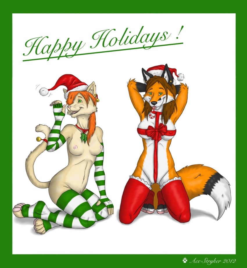 2012 ace_stryker anthro breasts brown_hair candy_cane canine christmas ear_piercing elbow_gloves feline female fox gloves green_eyes hair hat holidays looking_at_viewer mistletoe nipples piercing plain_background pose red_hair ribbons santa_hat stockings