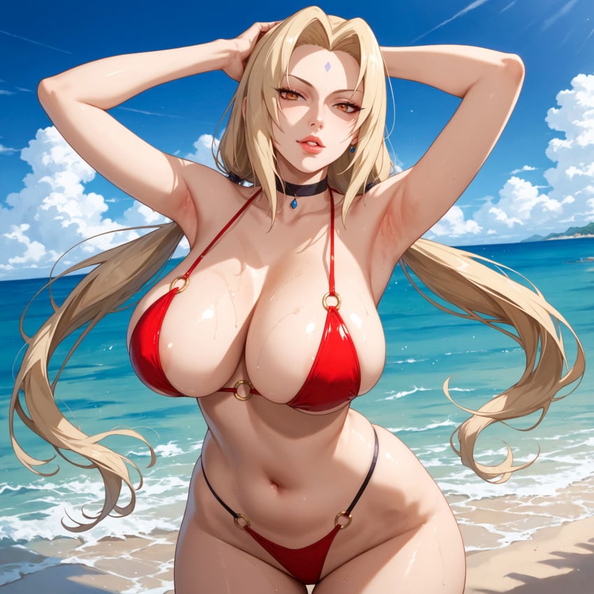 1girls ai_generated alex-schura armpits arms_behind_head arms_up bangs bare_shoulders beach bikini black_choker blonde_hair blue_sky blush boruto:_naruto_next_generations breasts brown_eyes choker clavicle cleavage clothing cloud curvaceous curvaceous_female curvaceous_figure curvy curvy_figure day earrings facial_mark female female_focus female_only forehead_mark highleg highleg_bikini huge_breasts inviting inviting_to_sex jewelry large_breasts lips long_hair looking_at_viewer low_twintails mature_female milf mommy mummy naruto naruto_shippuden navel o-ring o-ring_bikini ocean one_arm_up orange_eyes outdoors parted_lips presenting presenting_anus presenting_ass presenting_breasts presenting_hindquarters presenting_pussy red_bikini red_swimsuit sand seductive seductive_look seductive_smile shiny shore sky solo stomach swimsuit thick_thighs thighs tied_hair tsunade twintails very_long_hair voluptuous voluptuous_female water wet wide_hips