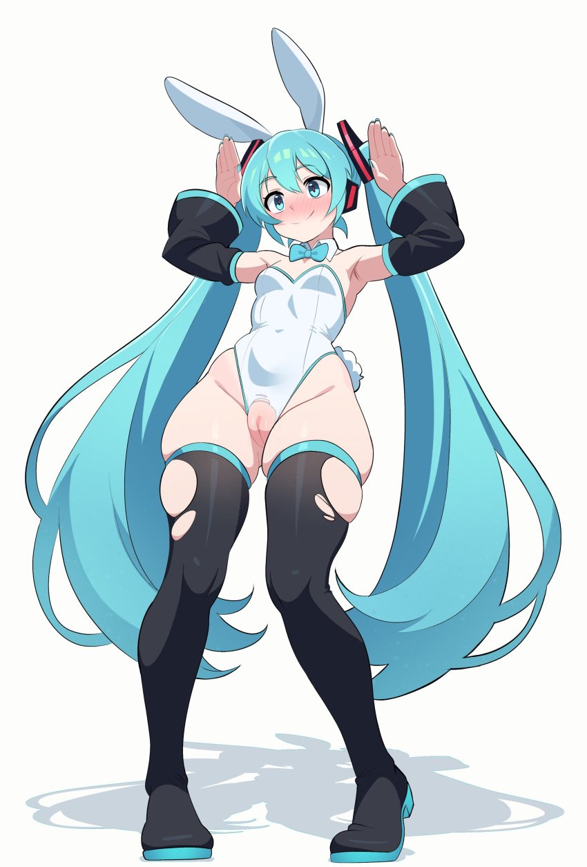 absurdres alternate_costume animal_ears aqua_eyes aqua_hair arms_up blush braid bunnysuit closed_mouth detached_sleeves female full_body hair_between_eyes hatsune_miku highres leotard long_hair looking_ahead maidcousin petite playboy_bunny pussy rabbit_ears rabbit_tail shadow sidelocks simple_background small_breasts smile solo standing standing_on_one_leg tail thick_thighs thighs twin_braids vocaloid white_background white_leotard