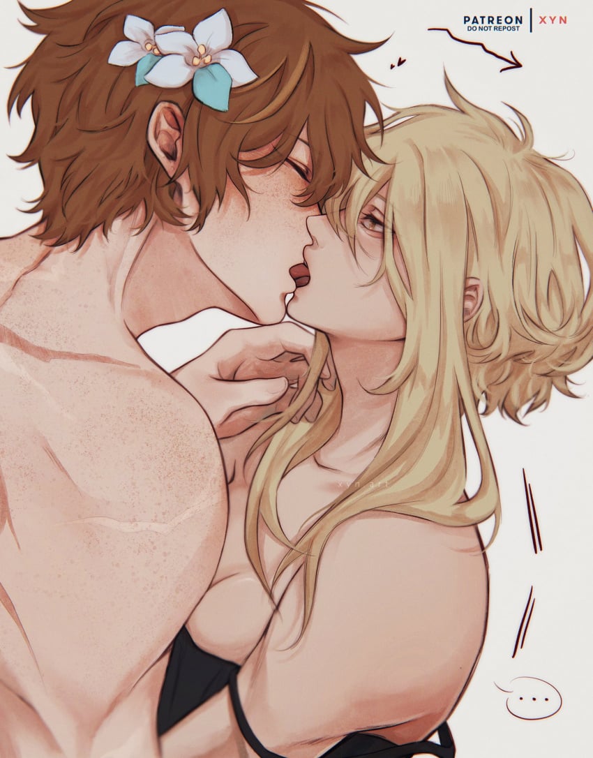 1boy 1girls black_bra blonde_female blonde_hair bra_strap bra_strap_down childe_(genshin_impact) fanon_couple female flower_in_hair freckles french_kiss genshin_impact ginger kissing lumine_(genshin_impact) making_out male male/female passionate_kiss romantic scar shirtless short_hair_with_long_locks straight tartaglia_(genshin_impact) tongue_kiss tongues_touching wholesome