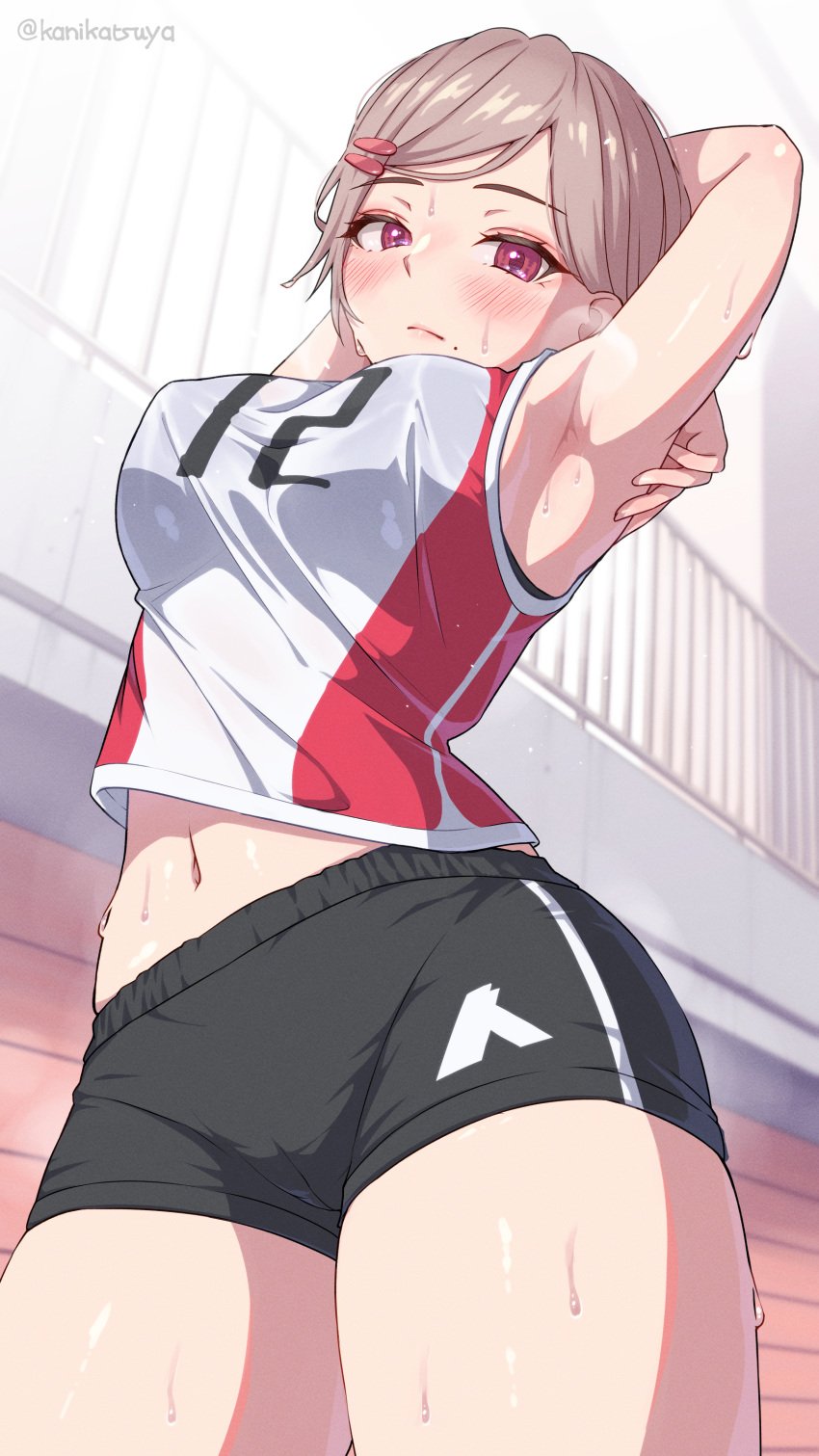 absurdres armpits black_bra black_shorts blush bra brown_hair cameltoe covered_erect_nipples female hair_ornament highres huge_breasts jersey kanikatsuya large_breasts looking_at_viewer midriff mole_under_mouth navel pink_eyes see-through_shirt short_hair shorts solo stretching sweat volleyball_uniform wet_clothes wet_shirt