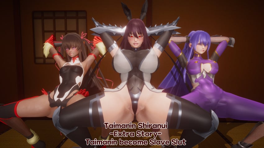 3d 3girls akiyama_rinko arms_behind_head big_breasts bowlegged_pose breasts brown_hair busty curvaceous curvy curvy_body curvy_female curvy_figure deilw english english_text female hands_behind_head huge_breasts japanese_female kunoichi large_breasts mizuki_shiranui mizuki_yukikaze succubus taimanin_(series) taimanin_yukikaze text thick_thighs thighs voluptuous