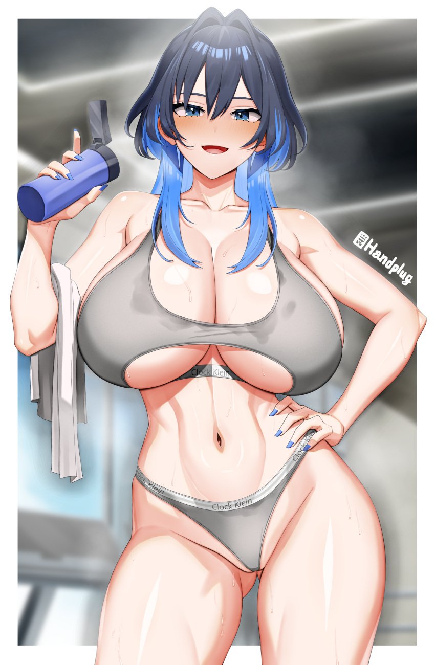 1girls blue_eyes blue_hair breasts calvin_klein female handplug hips hololive hololive_english hololive_english_-council- hololive_english_-promise- huge_breasts long_hair naughty_face ouro_kronii panties sports_bra sportswear thick_thighs thighs virtual_youtuber wide_hips