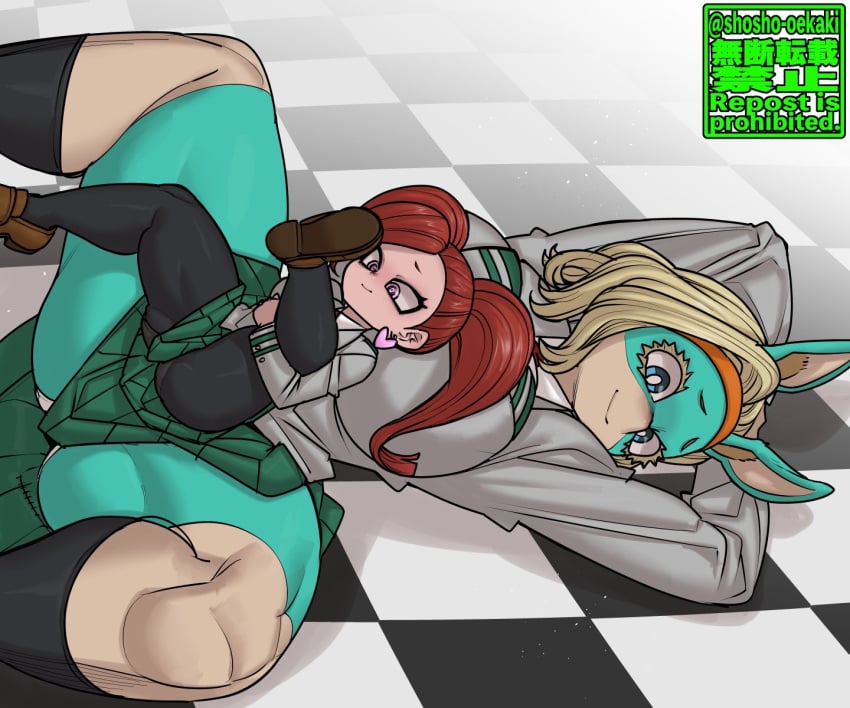 2girls aiba_manami big_breasts blonde_hair earrings female female_only hands_behind_head head_on_breasts huge_breasts ippan_josei la_brava_(my_hero_academia) larger_female laying_on_back lifted_leg lifting_leg long_socks multiple_girls my_hero_academia pink_eyes red_hair school_uniform shosho_oekaki shueisha size_difference skirt smaller_female thighhighs twintails u.a._school_uniform