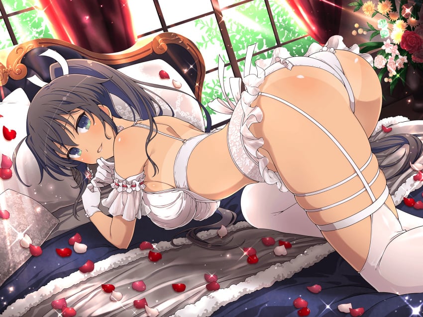 armlet ass back bare_back bare_belly bare_shoulders bed bed_sheet bikini_tan blush body_blush breasts bride brown_hair garter_belt garter_straps gloves green_eyes hair_ornament homura_(senran_kagura) lingerie marvelous medium_breasts official_art on_bed open_mouth panties ponytail senran_kagura senran_kagura_burst senran_kagura_new_link shiny_skin smile tan tanline thigh_highs thigh_strap thighs underwear wedding_gloves wedding_lingerie white_gloves white_panties white_thighhighs yaegashi_nan