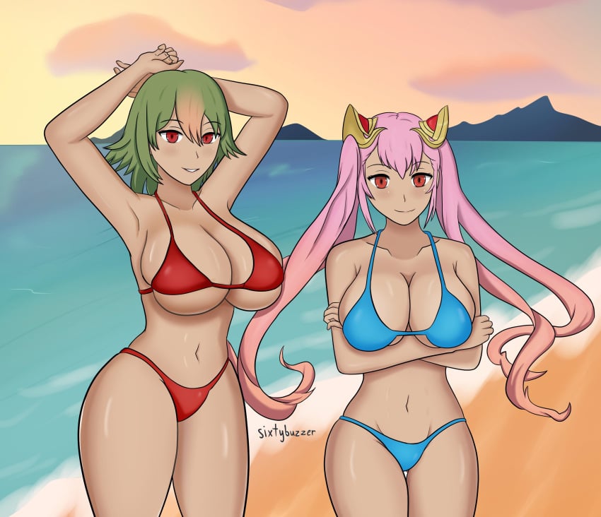 2girls alternate_costume armpits arms_under_breasts arms_up bare_arms bare_shoulders bare_thighs beach bikini blue_bikini blue_swimsuit breasts cleavage collarbone crossed_arms dark-skinned_female dark_skin female female_only fire_emblem fire_emblem_heroes green_hair huge_breasts laegjarn_(fire_emblem) laevatein_(fire_emblem) large_breasts long_hair looking_at_viewer multicolored_hair multiple_girls nintendo ocean outdoors pink_hair red_bikini red_eyes red_swimsuit short_hair shoulders siblings sideboob sisters sixtybuzzer skindentation smile sunset swimsuit thighs twintails underboob very_long_hair