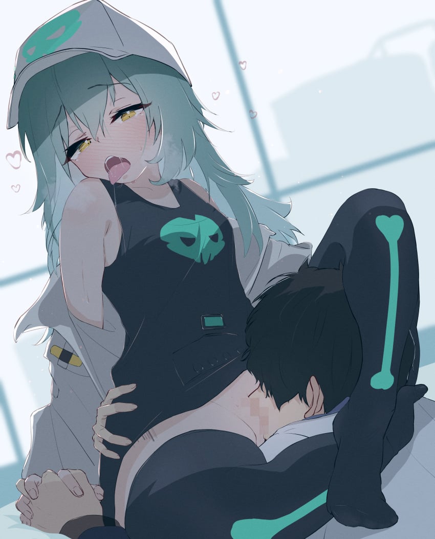 1boy absurdres antonina_(girls&#039;_frontline_nc) aqua_hair arm_around_back black_hair black_tank_top black_thighhighs blush breasts censored collarbone cunnilingus faceless faceless_male female full_body girls&#039;_frontline_neural_cloud hair_between_eyes hat headlock heart heart_in_eye heavy_breathing highres interlocked_fingers jacket long_hair looking_at_another mosaic_censoring off_shoulder open_mouth oral professor_(girls&#039;_frontline_nc) ryunosuke_nikaido saliva short_hair skull small_breasts straight sweat symbol_in_eye tank_top thighhighs tongue tongue_out torogao white_hat white_jacket yellow_eyes