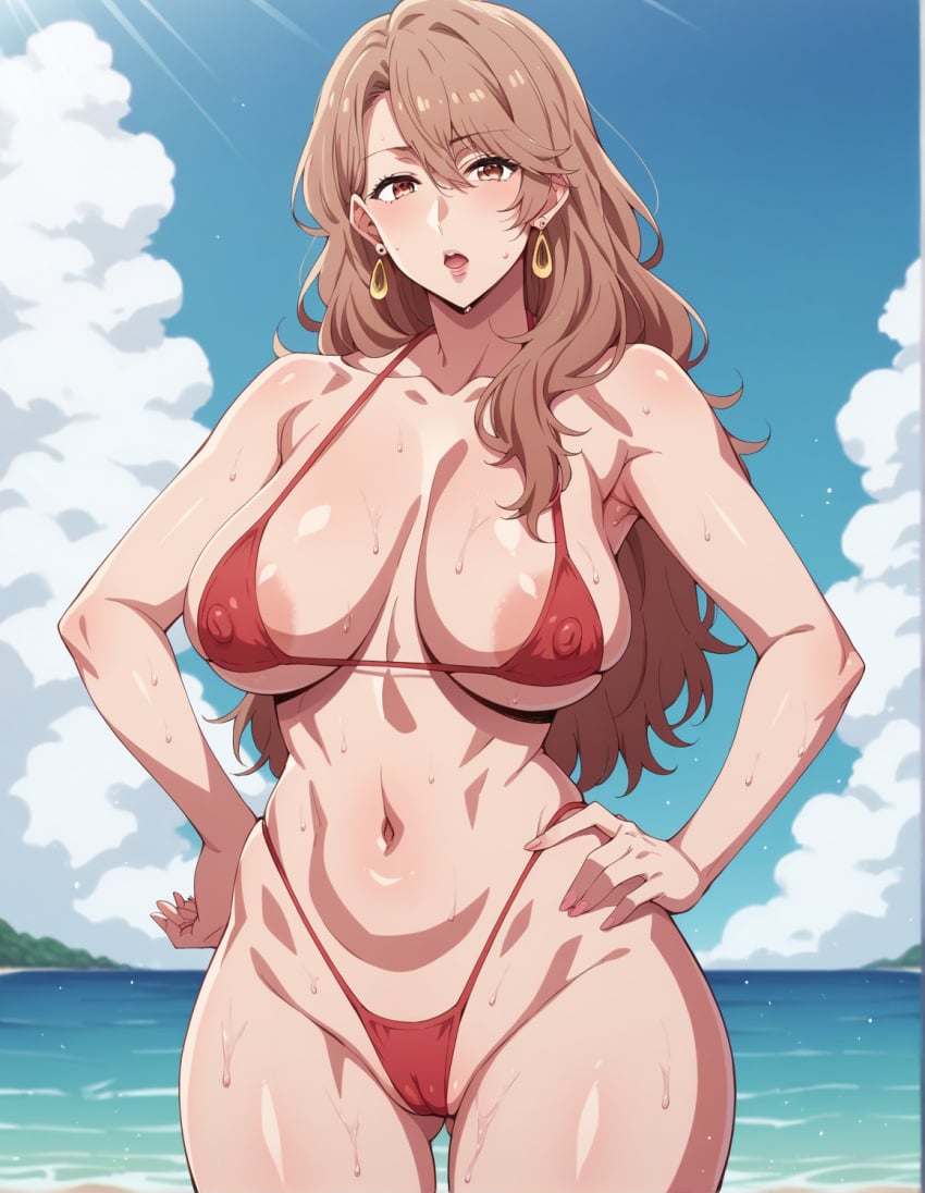 1female 1girls ai_generated big_breasts bikini bikini_top breasts commentary_request english_commentary female female_only hi_res highres light-skinned_female light_skin milf mixed-language_commentary oshi_no_ko red_bikini red_bikini_bottom red_bikini_top saitou_miyako solo solo_female standing very_high_resolution