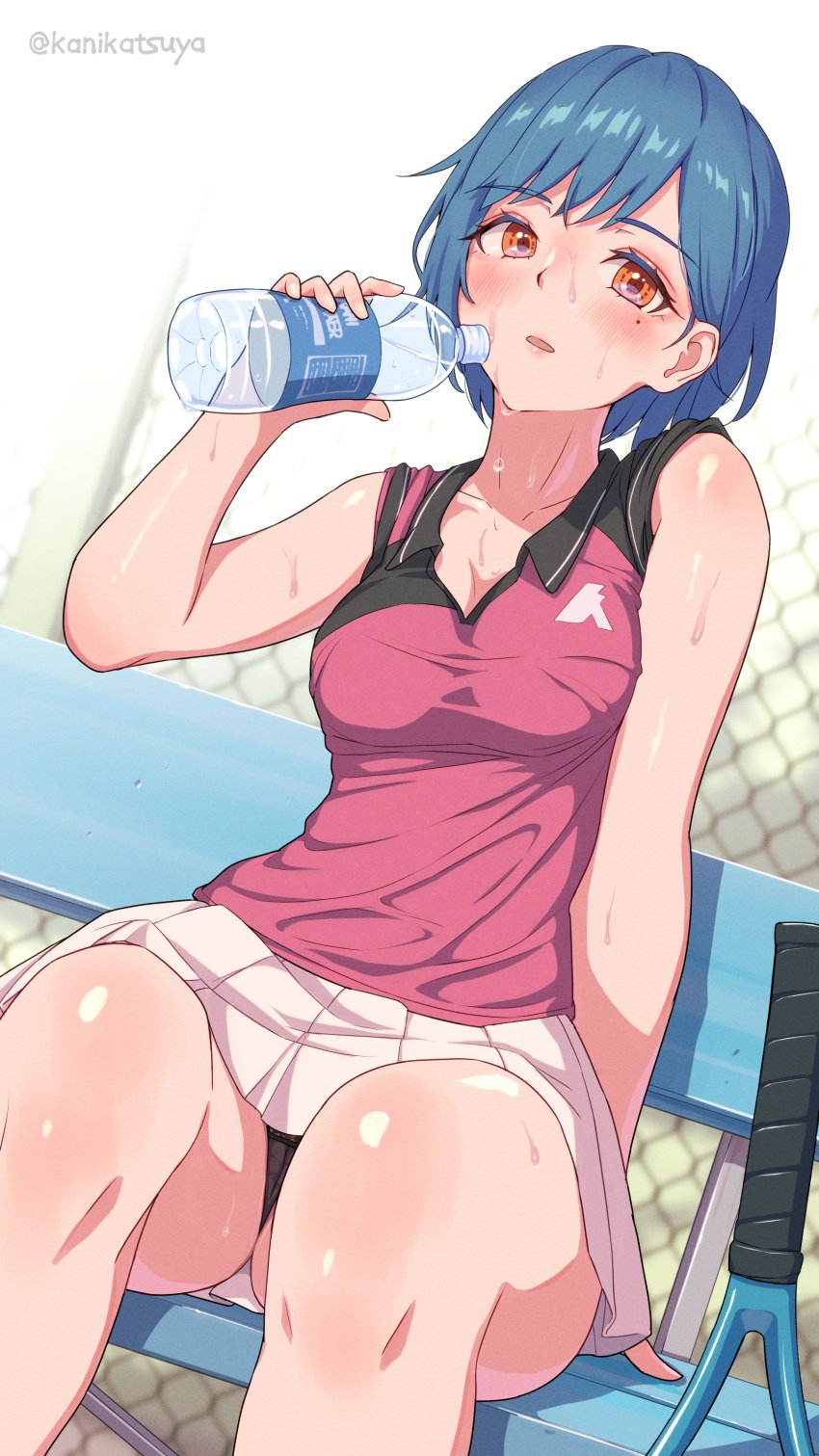 absurdres bench blue_hair blush cleavage drink highres kanikatsuya lace-trimmed_panties legs_together mole_under_eye orange_eyes pink_shirt sitting sportswear sweat tennis_racket tennis_uniform upskirt water_bottle white_skirt