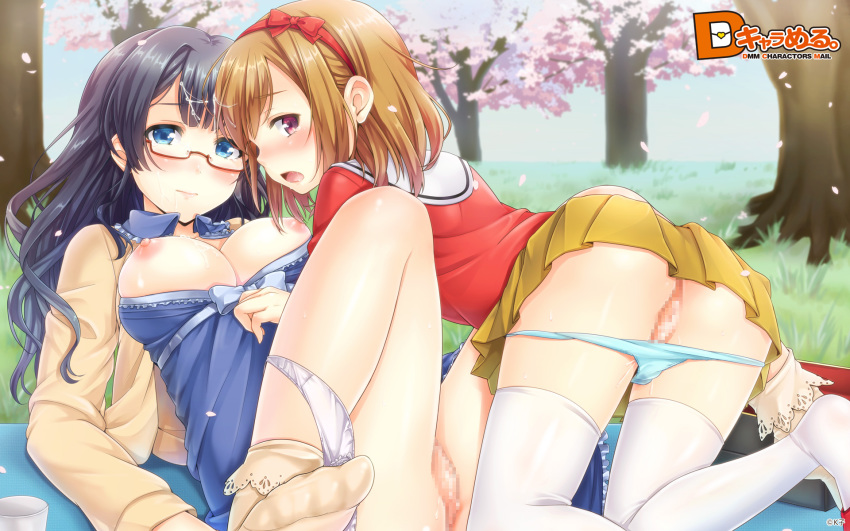 2girls :d black_hair blue_eyes blush breasts brown_hair censored cherry_blossoms clothing cum cum_on_hair feet female glasses grass hairband highres k-ko k.y_ko long_hair looking_back multiple_girls no_shoes open_mouth original panties panties_around_leg panties_around_one_leg panty_pull purple_eyes pussy skirt smile thighhighs tree underwear wallpaper white_legwear white_panties yuri