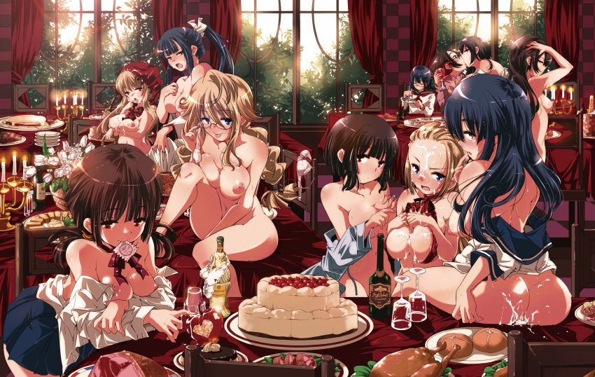 :p apple ass black_hair blonde_hair blue_eyes blush bottle bread breasts brown_hair cake candle chair condom cup female food fruit glasses green_eyes harem highres hood kissing large_breasts little_red_riding_hood long_hair looking_at_viewer mouth_hold multiple_girls nipples nude original panties plate ponytail purple_eyes red_eyes school_uniform seifuku serafuku short_hair sitting skirt smile strawberry table tied_hair tongue underwear wine wine_glass yamazaki_kazu yuri