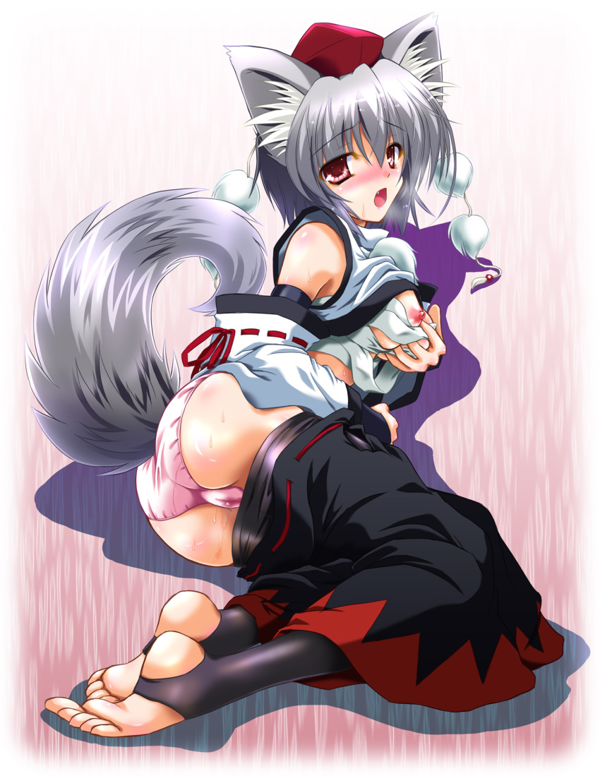 1girls animal_ears ass bare_shoulders barefoot breasts breath bridal_gauntlets cute_fang detached_sleeves feet female hakama_pull hat highres looking_at_viewer momiji_inubashiri nipples open_mouth panties pink_panties pussy_juice red_eyes sarashi self_fondle short_hair silver_hair solo tail toeless_legwear tokin_hat touhou underwear undone_sarashi wet_panties wolf_ears wolf_tail yamu_(reverse_noise)