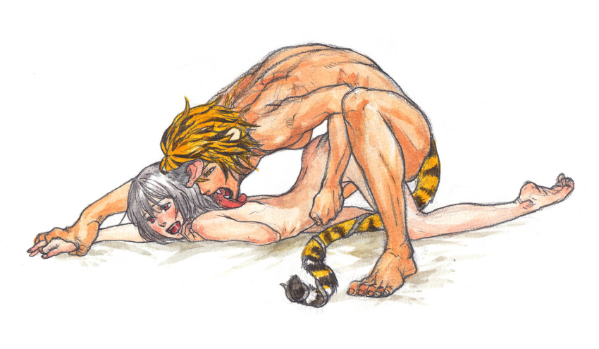 animal_ears barefoot black_hair blonde_hair fangs futa_with_female futanari grey_eyes happy_sex holding_hands intersex intertwined_tails kemonomimi_mode kobushi licking mouse_ears mouse_tail multicolored_hair multiple_girls muscle nazrin nude pale_skin rat_tail red_eyes sex short_hair tail tail_wrap tiger_ears tiger_tail tongue top-down_bottom-up toramaru_shou touhou two_tone_hair yellow_eyes