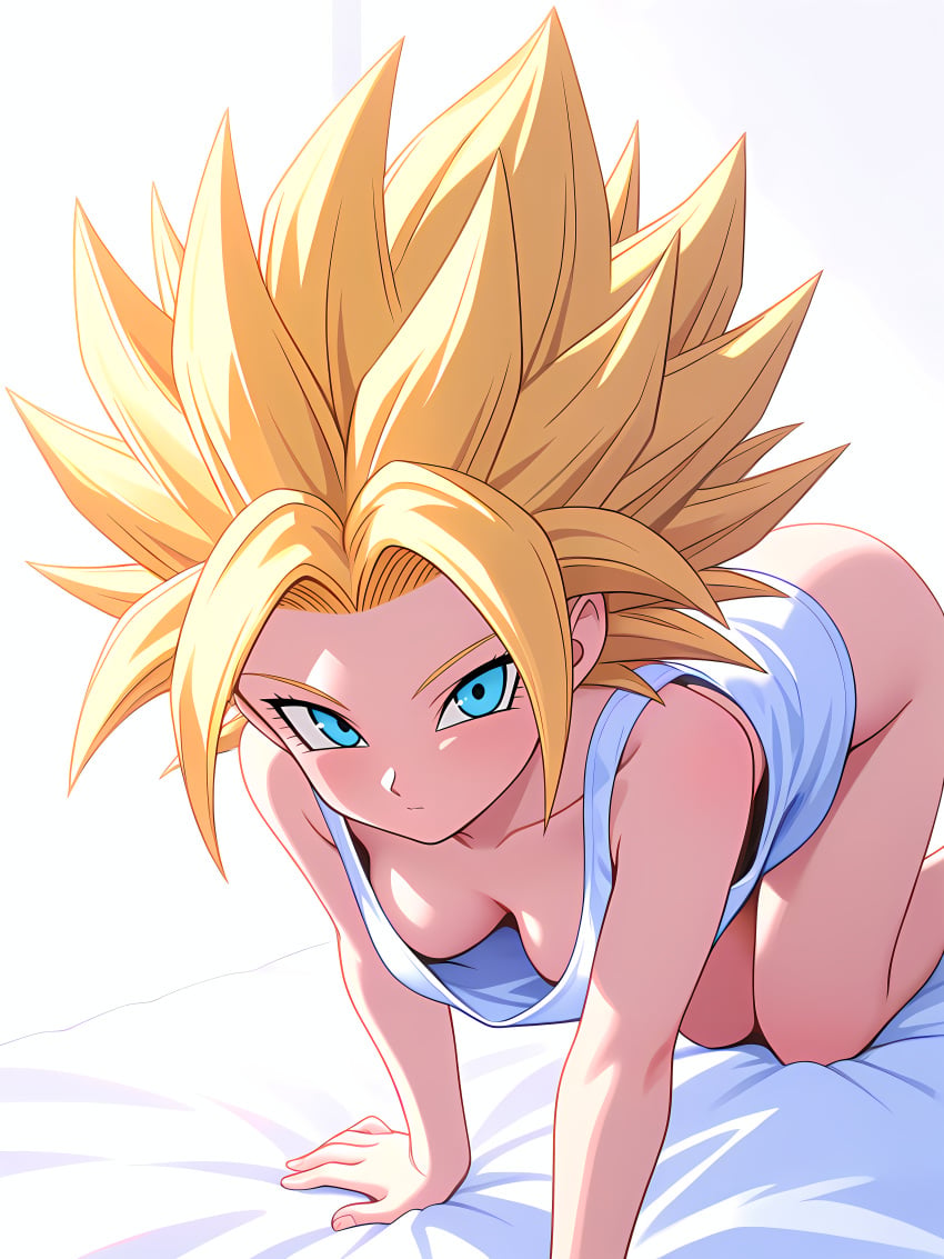 1girl absurd_res absurdres ai-created ai-generated ai_art ai_generated all_fours artist_name athletic_female blonde_hair blue_eyes boobs bottomless breasts bust caulifla chest cleavage closed_mouth downblouse dragon_ball dragon_ball_super dragon_ball_z female fit_female gumtoof hi_res high_quality high_resolution looking_at_viewer medium_breasts morning no_bra patreon patreon_username questionable shirt small_breasts smile solo solo_focus spiked_hair stable_diffusion super_saiyan tagme tank_top tits uncensored white_tank_top