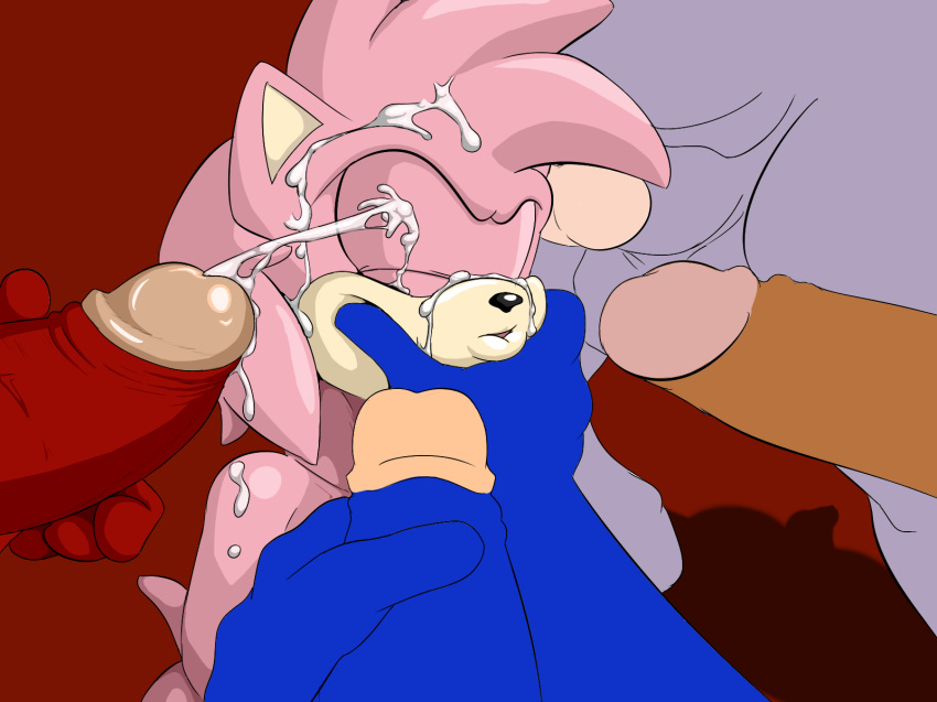 amy_rose anthro aval0nx balls closed_eyes cum cum_on_face cumshot echidna erection female fur group_sex hair hedgehog knuckles_the_echidna male mammal masturbation monotreme orgasm penis pink_hair sega sex sonic_(series) sonic_the_hedgehog straight