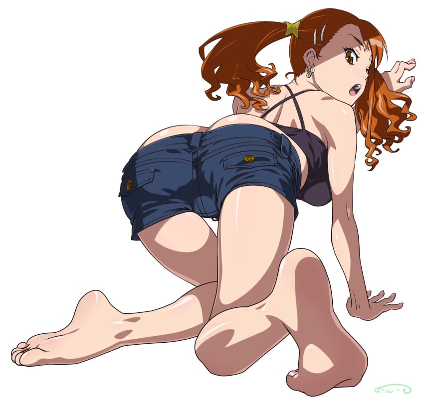 1girls :o all_fours anohana:_the_flower_we_saw_that_day ass ass_cleavage barefoot brown_eyes brown_hair butt_crack denim earrings feet female female_only foreshortening from_behind gyaru hair_ornament hairclip high_res human jean_shorts jewelry long_hair looking_back naruko_anjou no_shoes revision short_shorts shorts simple_background solo star suna tied_hair twintails white_background