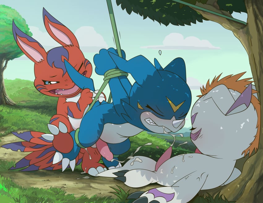 bondage bound cum digimon elecmon gay gomamon male no_humans threesome trio veemon yaoi