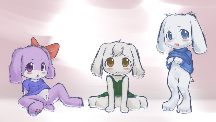 blue_eyes blush bottomless bow brown_eyes cave_story chaco clitoris clothing delicious_(artist) half-dressed lagomorph mimiga open_mouth purple_eyes purple_fur pussy shirt shirt_lift sue_sakamoto toroko white_fur