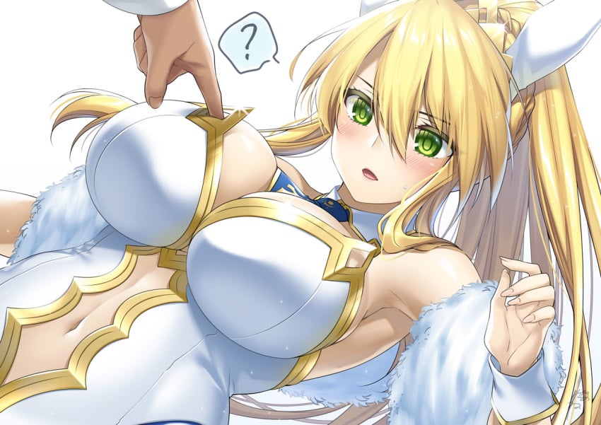 artoria_pendragon artoria_pendragon_(lancer) artoria_pendragon_(swimsuit_ruler) blonde_hair blush bunny_ears bunny_girl bunnysuit fate/grand_order fate_(series) female green_eyes large_breasts long_hair male neneko113 ponytail servant_(fate) straight