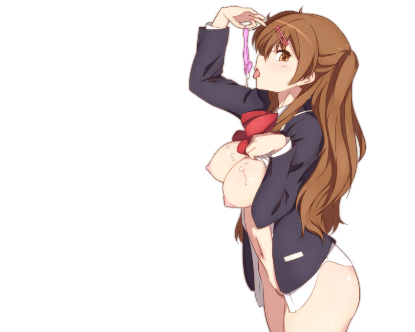 breasts brown_eyes brown_hair chuunibyou_demo_koi_ga_shitai! cum haruhisky nibutani_shinka nipples no_bra nopan open_clothes open_shirt pubic_hair seifuku shirt white_background