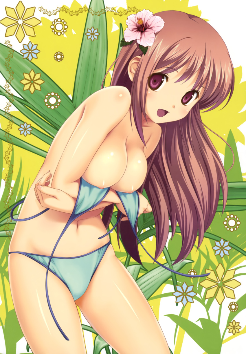 1girls areolae bare_legs bare_shoulders bikini breast_hold breasts cleavage face female flower hair_flower hair_ornament hibiscus high_resolution koutaro long_hair navel open_mouth original purple_eyes red_hair smile solo swimsuit wardrobe_malfunction