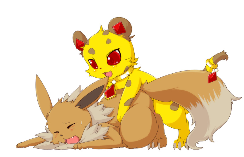 ambiguous_gender aqsw cheetah claws crossover eevee feline feral from_behind fur furry_ears furry_tail jasper_(jewelpet) jewelpet jewelpet_(species) male nintendo open_mouth penetration plain_background pokemon red_eyes sex tail video_games white_background