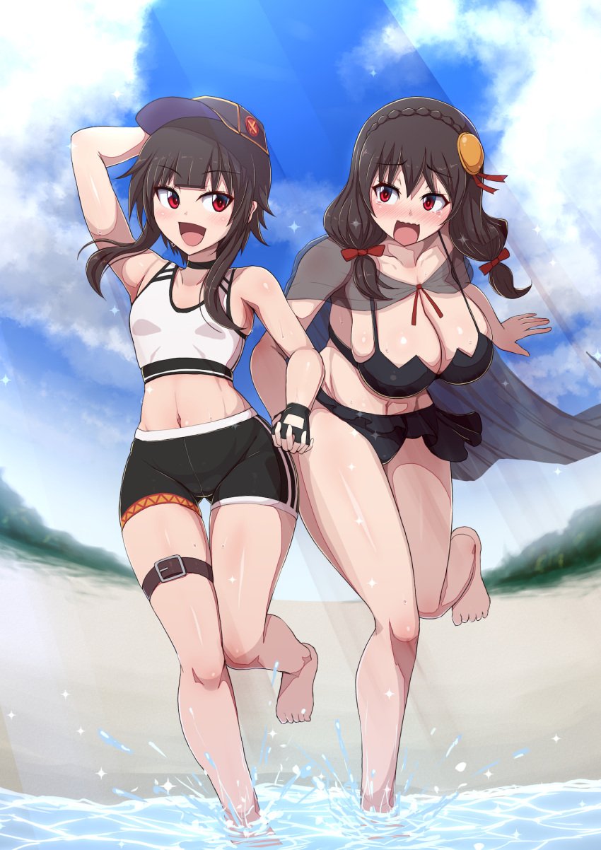 2girls beach blush breast_size_difference breasts brown_hair embarrassed female hand_holding hi_res holding_hands huge_breasts kono_subarashii_sekai_ni_shukufuku_wo! large_breasts long_hair megumin outdoors petite petite_body ponpo red_eyes short_hair slim_body small_breasts smile swimsuit thighs yunyun_(konosuba)