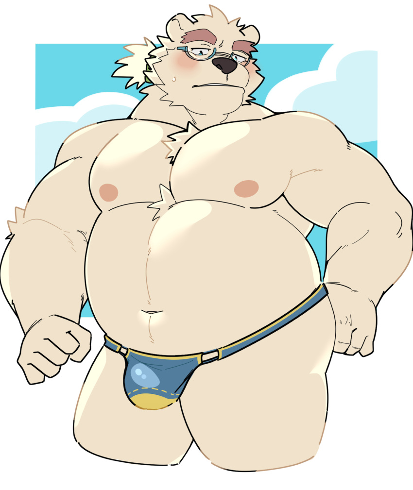 1boy 2023 anthro bear belly big_belly blush bulge clothing eyewear glasses hi_res humanoid_hands kemono leib_(tokyo_afterschool_summoners) lifewonders male male_only mammal moobs navel nipples overweight overweight_male polar_bear solo swimwear tokyo_afterschool_summoners ursine whitebeast20