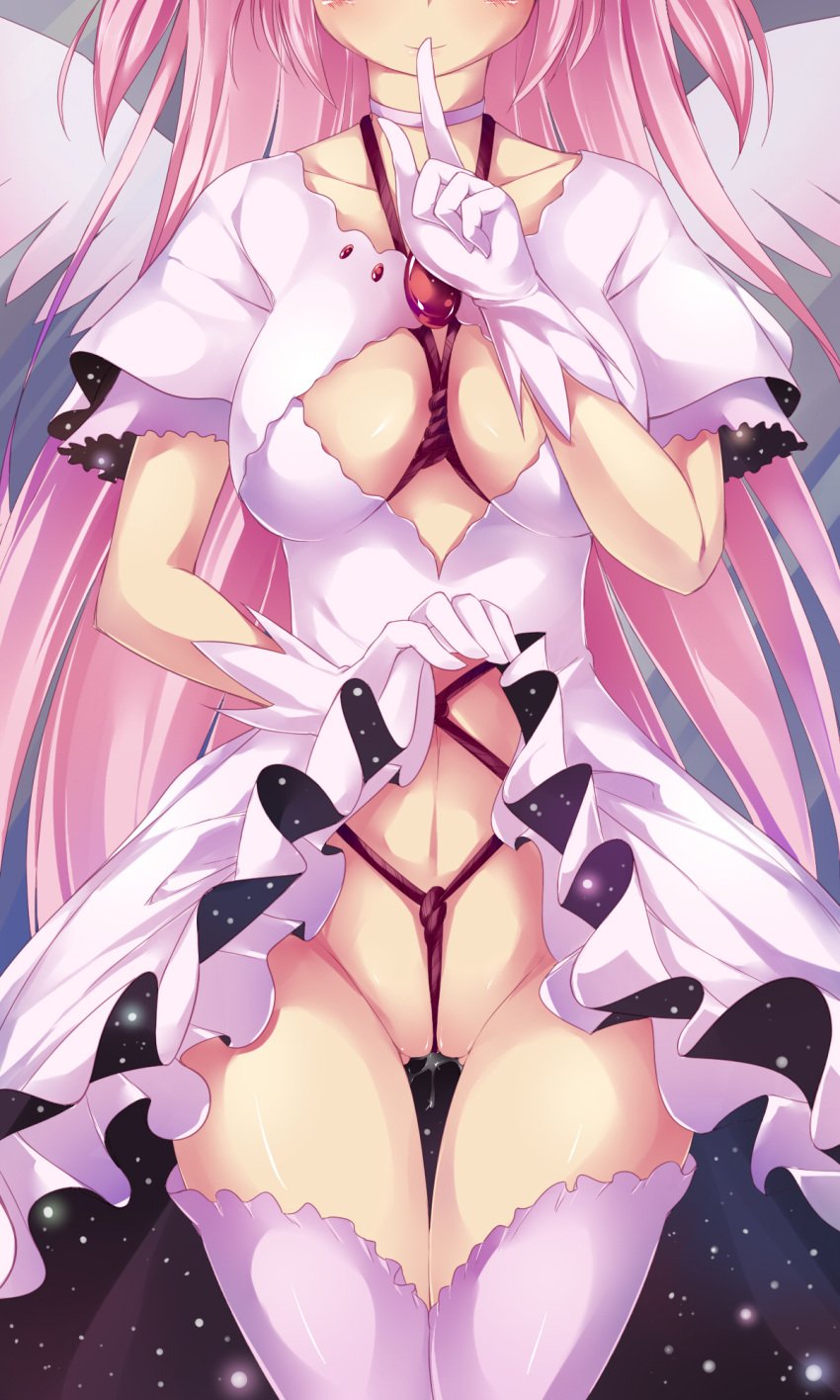 blush bondage box_tie boxtie breasts choker cleavage cleavage_cutout collarbone crotch_rope dress dress_lift female gloves head_out_of_frame highres human long_hair madoka_kaname mahou_shoujo_madoka_magica maullarmaullar no_panties pink_hair pink_legwear pussy_juice rope shushing smile solo space_clothes spoilers thigh_gap thighhighs ultimate_madoka uncensored wings