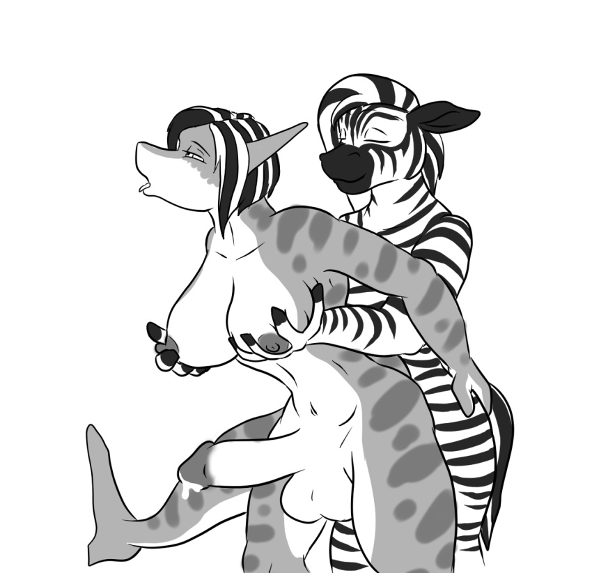 2013 alayna_zebra anthro balls black_and_white breasts closed_eyes domino2 equine erection fish from_behind futa_on_futa futanari hair herm intersex mammal marine monochrome nipples nude open_mouth penis plain_background precum sex shark smile standing tongue tongue_out vilia white_background zebra