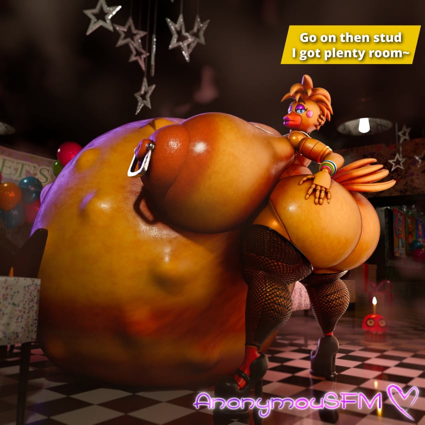 3d_(artwork) absurd_res animatronic anonymousfm anthro areola avian beak belly big_belly big_breasts big_butt big_nipples bird breasts butt chicken clothing digital_media_(artwork) english_text female fishnet_clothing fishnet_legwear five_nights_at_freddy's five_nights_at_freddy's_2 galliform hair hi_res huge_belly huge_breasts huge_butt huge_nipples huge_thighs hyper hyper_belly hyper_breasts hyper_butt hyper_nipples hyper_pregnancy legwear lips looking_at_viewer machine nipple_piercing nipples nude phasianid piercing pregnant pregnant_anthro pregnant_female robot scottgames solo text thick_lips thick_thighs toy_chica_(fnaf) vore wide_hips yellow_body