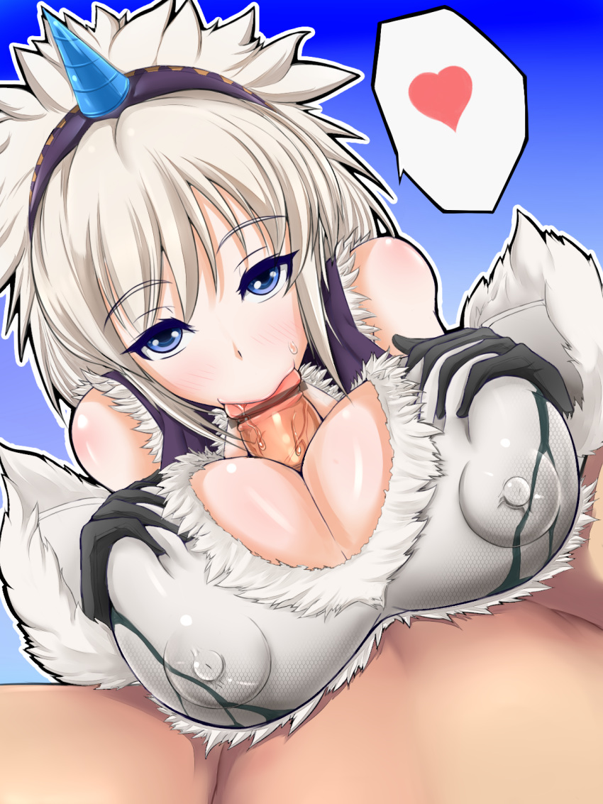 blue_eyes breasts capcom censored clothed_sex erect_nipples fellatio female gucchi_(n3gt6apf) hair heart highres horn kirin_(armor) male monster_hunter monster_hunter_frontier oral paizuri paizuri_under_clothes penis penis_under_clothes straight white_hair