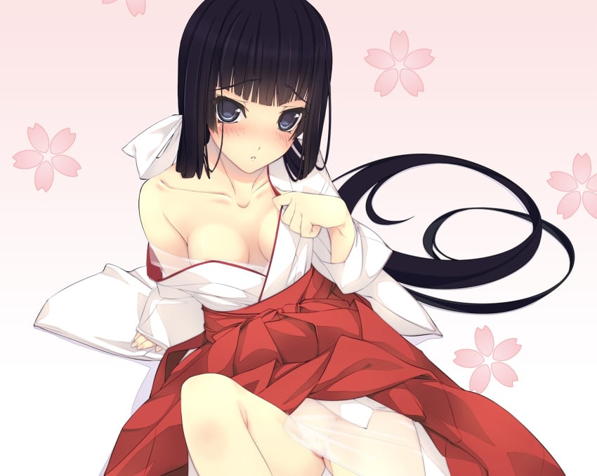 black_hair blush cleavage f-ism hakama japanese_clothes long_hair miko murakami_suigun no_bra nopan see-through sheer vagina