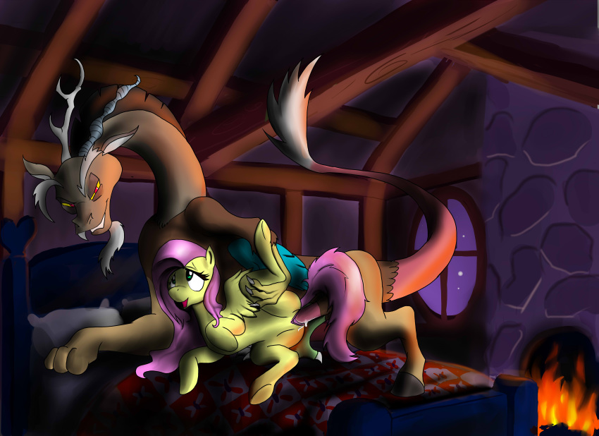 2013 antler bedroom discord_(mlp) draconequus duo equine female feral fire fluttershy_(mlp) friendship_is_magic green_eyes horn horse inside male my_little_pony night pegasus penetration pony red_eyes sex spaceweasel2306 straight vaginal_penetration wings yellow_fur