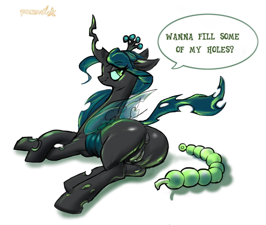 1girls anal anus ass clitoris dildo equine evil female feral friendship_is_magic green_eyes horse inviting looking_back magic mare my_little_pony purevil pussy queen_chrysalis queen_chrysalis_(mlp) solo tail text toys