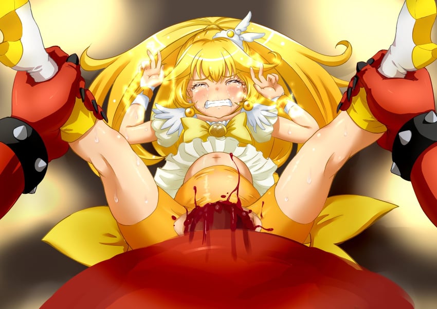 akaoni akaooni bike_shorts blonde_hair blood brooch clothed_sex clothing cure_peace dress female highres horns jewelry long_hair magical_girl monster oni penis precure pretty_cure rape red_oni red_skin restrained scared shorts size_difference smile_precure spread_legs stomach_bulge straight sweat tears virgin virginal_blood wantacchi yayoi_kise yellow_dress yellow_eyes