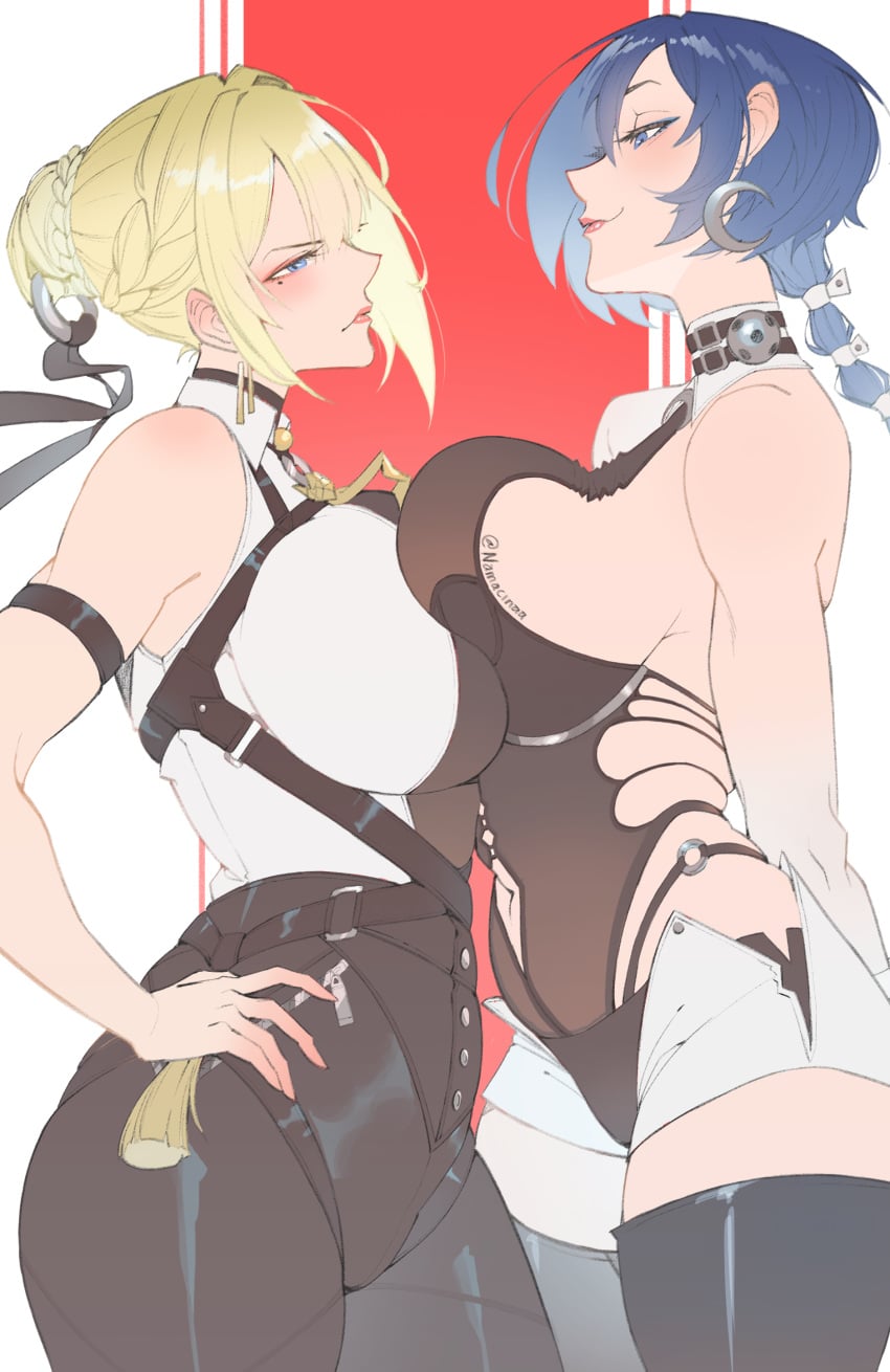2026 2girls big_breasts blonde blonde_female blonde_hair blue_eyes blue_hair breast_sumo breasts breasts_against_breasts bursting_breasts color colored curvaceous curvaceous_body curvaceous_female curvaceous_figure curvaceous_hips curvy curvy_body curvy_female curvy_figure curvy_hips evelyn_chevalier female hips hourglass_figure huge_breasts large_breasts lee_zue_ky light-skinned_female light_skin looking_at_each_other massive_breasts pinup promeia_(zenless_zone_zero) red_skin seductive seductive_look seductive_pose thick thick_breasts thick_hips thick_thighs voluptuous voluptuous_female wide_hips zenless_zone_zero