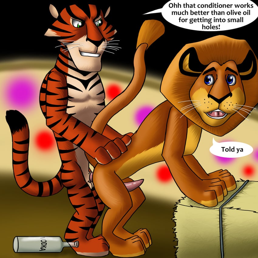 alakay_alex anal anthro blue_eyes dialog dreamworks feline fur furry furry_only gay green_eyes lion madagascar_(series) male no_humans penetration penis text tiger vitaly_the_tiger