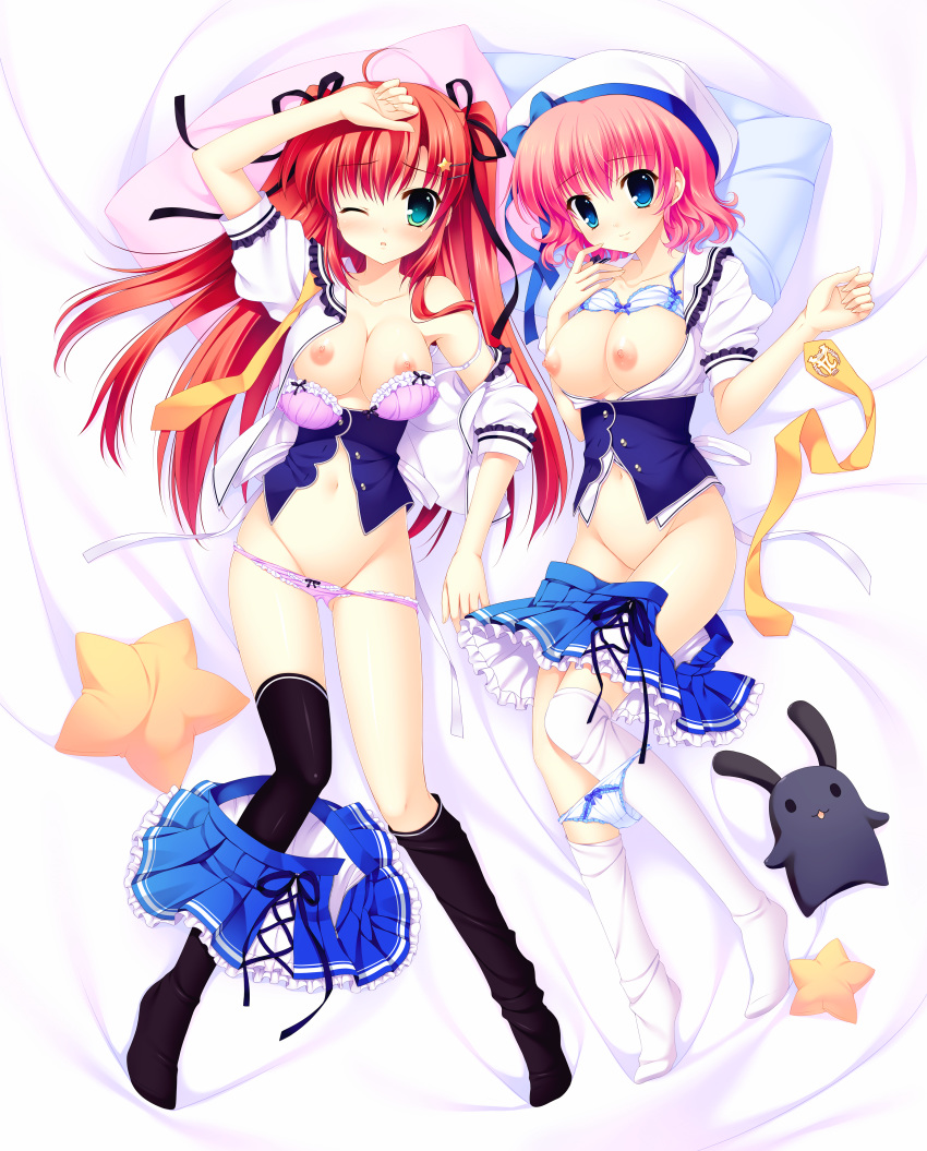 2girls ;o black_legwear blue_bra blue_eyes blue_panties bra breasts cleavage green_eyes hat high_resolution himezono_risa lying mitha multiple_girls nanawind necktie nipples open_clothes open_shirt oppai panties panty_pull pillow pink_bra pink_hair pink_panties red_hair school_uniform skirt skirt_around_one_leg skirt_pull stuffed_animal stuffed_bunny stuffed_toy takasaki_honoka thighhighs thighhighs_pull white_legwear wink yuyukana