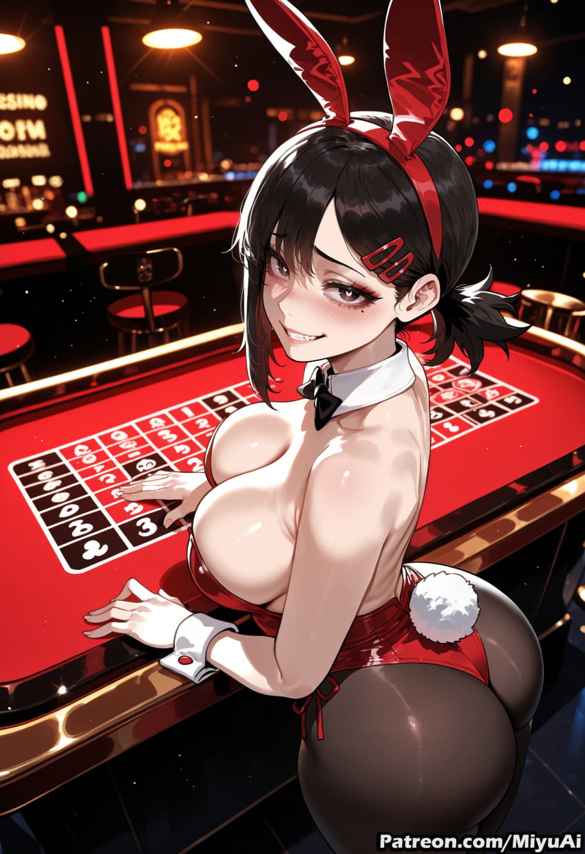 1girl ai_assisted ai_generated animal_ears ass bar bare_shoulders black_hair black_legwear black_leotard black_neckwear blush bow bowtie breasts brown_legwear bunny_ears bunny_girl bunny_tail bunnysuit chainsaw_man curvaceous curvy curvy_female curvy_figure detached_collar fake_animal_ears fake_tail female hair_ornament hairclip higashiyama_kobeni large_breasts leotard long_hair looking_at_viewer looking_back miyuai pantyhose poker_chip red_leotard smile solo strapless strapless_leotard tail thick thick_ass thick_butt thick_hips thick_legs thick_thighs voluptuous voluptuous_female wide_hips wide_thighs wrist_cuffs