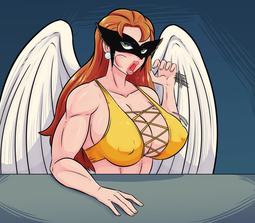 1girls blonde_hair dc_comics fellatio_gesture hawkgirl medium_breasts suggestive tourin17 wings