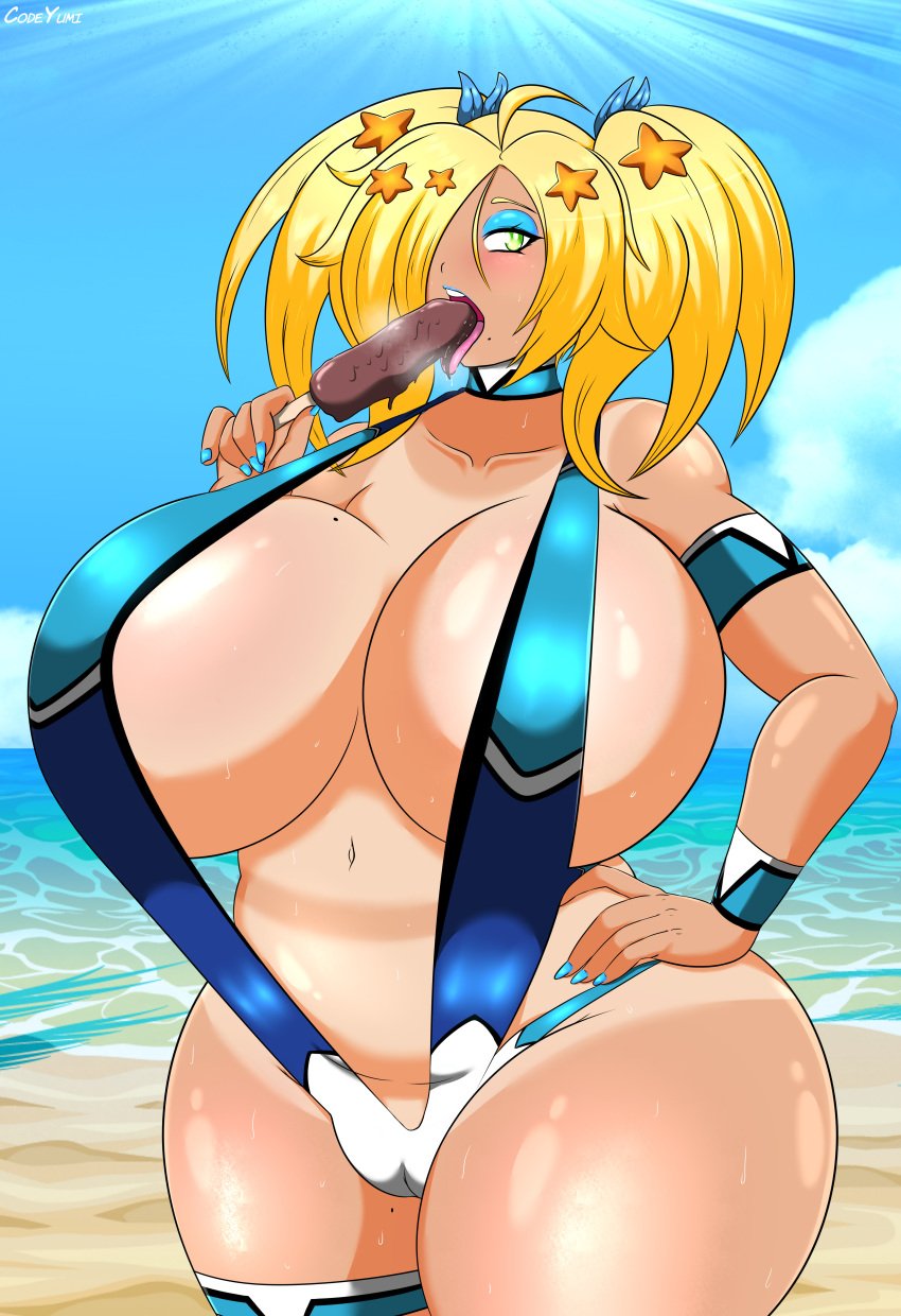 beach bikini blonde_hair blonde_hair breasts chocolate codeyumi elesa_(codeyumi) gyaru huge_breasts ice_cream original original_character solo_female swimsuit thighs